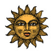 Sun with face color sketch engraving vector illustration