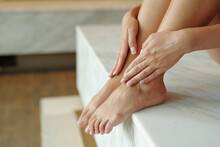 Hands And Feet Of Young Beautiful Female Relaxing After Taking Bath In Turkish Hamam Or Spa Salon