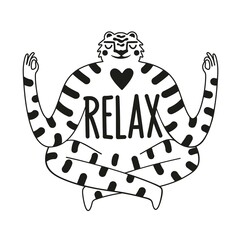 Vector black white illustration with tiger and lettering word Relax. Symbol of 2022 new year. Apparel print, greeting card, typography poster template with cartoon style animal