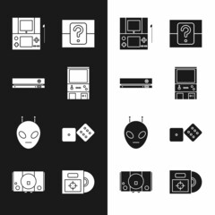 Wall Mural - Set Retro arcade game machine, Video console, Portable video, Mystery random box, Alien, Game dice, CD DVD disk and icon. Vector