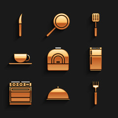 Wall Mural - Set Oven, Covered with tray, Fork, Refrigerator, Coffee cup, Spatula and Knife icon. Vector