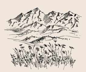 Hand drawn vector landscape with mountains, trees and mountains valley. Perfect for banner, poster and sticker design. 