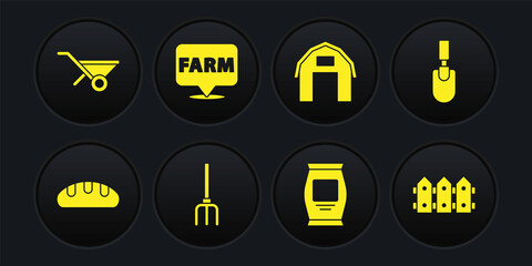 set bread loaf, garden trowel spade or shovel, pitchfork, fertilizer bag, farm house, location farm,