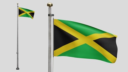 Wall Mural - 3D, Jamaican flag waving on wind. Close up of Jamaica banner blowing soft silk.