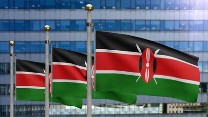 Wall Mural - 3D, Kenyan flag waving on wind. Close up of Kenya banner blowing soft silk.