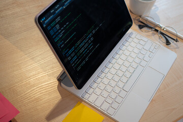 Wall Mural - a minimalistic workplace for a designer or developer. a laptop with a program code on the screen and