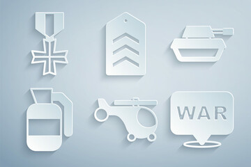 Sticker - Set Helicopter, Military tank, Hand grenade, The word war, Chevron and reward medal icon. Vector