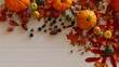 © RocknRoller Studios - Fall flat lay with leaves, Gourds and Fruits. Thanksgiving concept with copy space.