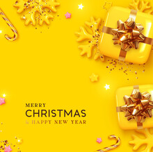 Merry Christmas And Happy New Year. Festive Xmas Design Realistic Gifts Box, Decorative Objects. Flat Lay Top View. Yellow Christmas Poster, Holiday Banner, Flyer, Stylish Brochure, Greeting Card
