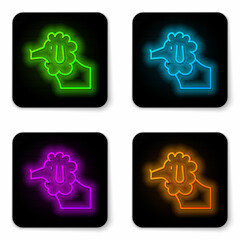 Sticker - Glowing neon line French poodle dog icon isolated on white background. Black square button. Vector