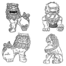 Set Of Chinese Imperial Guardian Lions Drawing. Traditional Chinese Architectural Statue Ornament Made Of Decorative Stone, Such As Marble And Granite Or Cast In Bronze Or Iron. Vector.