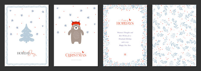 Wall Mural - Holiday cards with Christmas Tree, bear, birds, backgrounds, ornate floral frames and copy space. Universal modern artistic templates.