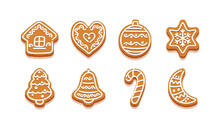 Gingerbread Cookies, Cartoon Sweets In Shape Of Star, Christmas Tree And Heart, Ginger House, Bell, Candy Cane And Moon