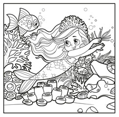 Poster - Cute little mermaid girl in coral tiara swims racing outlined for coloring page on seabed with corals and algae background