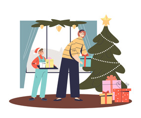 Wall Mural - Mom and son putting xmas gift boxes under christmas tree preparing for winter holidays celebration