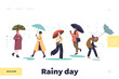 Rainy day concept of landing page with autumn weather: people walk holding umbrellas under rain