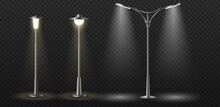 Street Lights Set Realistic Modern And Vintage Town Lanterns. Glowing Retro Lampposts For Lightning