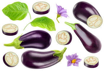 Wall Mural - Isolated aubergines collection. Pieces of eggplants and whole fruits, leaves and flowers isolated on white background