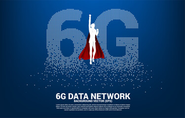 Poster - Silhouette of man in superhero suit flying with 6G mobile networking from small square pixel. Concept for mobile sim card technology and network.