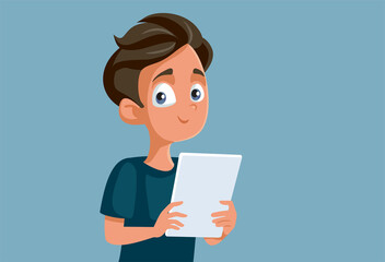 Teen Boy Holding Computer Tablet Vector Cartoon