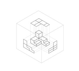 orthographic projection views glass box method, isometric drawing. illustration isolated on white