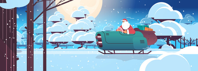 Wall Mural - santa claus driving sleigh car with gifts merry christmas happy new year winter holidays celebration concept