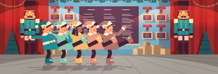 Wall Mural - mix race elves in uniform having fun santa helpers team celebrating happy new year merry christmas holidays