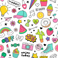 Wall Mural - Cute funny doodles seamless pattern on white background for teenage girls.