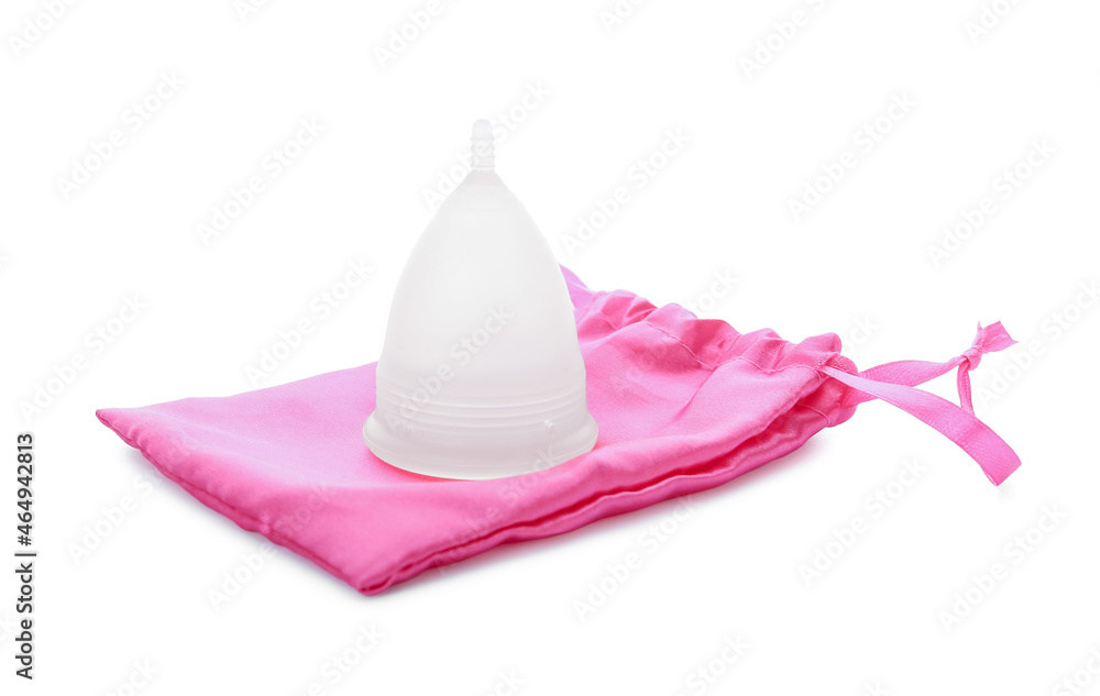 Menstrual cup and bag on white background