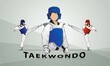 A woman in a kimono and a protective suit is engaged in taekwondo. The logo for women's taekwondo.