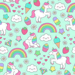 Wall Mural - Cute pastel hand drawn unicorn and doodle elements seamless pattern background.