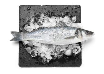 Board with fresh uncooked sea bass fish on white background