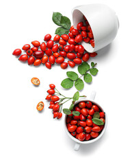 Bowls with fresh rose hip berries on white background