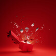 Open Christmas magic gift box on red background. 3d rendering