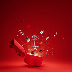 Sticker - Open Christmas magic gift box on red background. 3d rendering