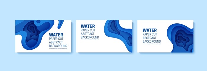 Wall Mural - Set of abstract backgrounds in paper cut style. 3d wallpaper with cut out deep waves modern cover. Blue color layers with smooth shadow papercut art. Vector illustration, origami geometric shapes