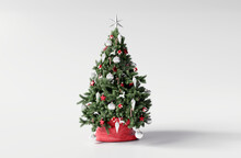 Christmas Tree With Decorations On White Background. 3d Rendering