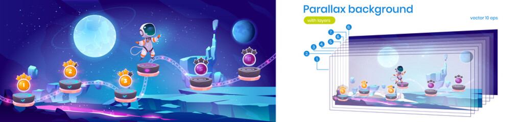 Wall Mural - mobile space arcade game parallax background with astronaut jump on platforms with bonus and asset i