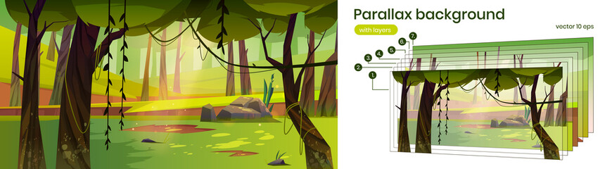 Wall Mural - parallax background cartoon forest nature 2d landscape, scenery wood with deciduous trees, moss and 