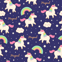 Wall Mural - Cute pastel unicorn seamless pattern with night sky background.