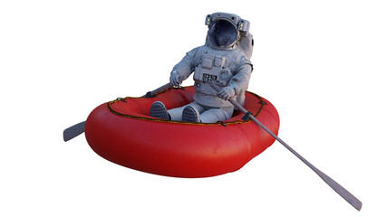 Wall Mural - astronaut in rubber boat, isolated on white background (3d space rendering)