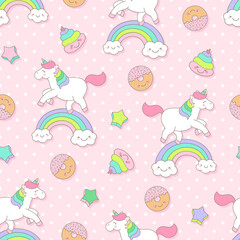 Wall Mural - Cute pastel unicorn, donut, poop seamless pattern with pink background.