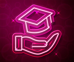 Glowing neon line Education grant icon isolated on red background. Tuition fee, financial education, budget fund, scholarship program, graduation hat. Vector