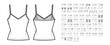 Set of camisole tops, shirts, tanks, blouses technical fashion illustration with wide narrow shoulder straps, fitted oversized body. Flat apparel template front, back white color. Women men CAD mockup