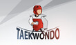 A young athlete in a kimono, protective suit, gloves, helmet is engaged in taekwondo. The logo for the taekwondo school.