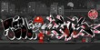 Dark Outdoor Urban Graffiti Wall With Drawings At Night Against The Background Of The Cityscape Vector Illustration Art