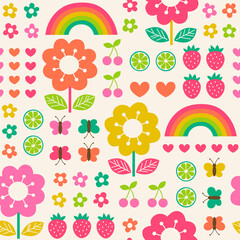 Wall Mural - Colorful cute hand drawn floral, rainbow and fruit seamless pattern background.