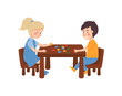 © sabelskaya - Children at table playing puzzle game, flat vector illustration isolated.