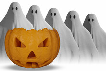 Illustrazione 3D. Halloween. Zucca Intagliata E Fantasma Simbolo Ricorrenza Festa Di Halloween. Ricorrenza In Autunno, Ottobre.