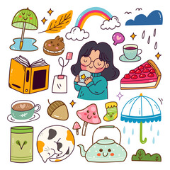 Wall Mural - Rainy Day Relax Kawaii Doodle Set